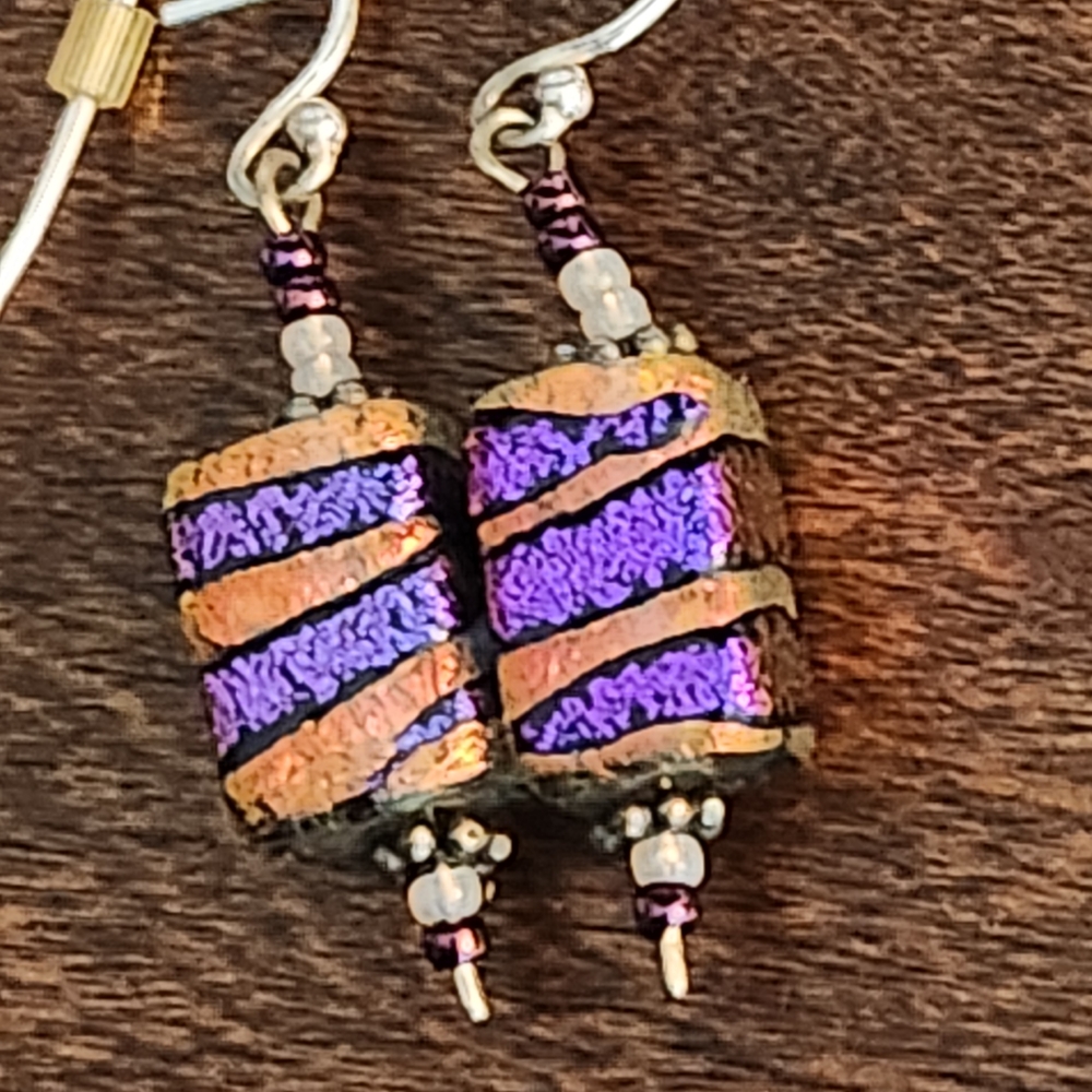 Purple Gold Dichroic Lampwork Glass Earrings steampunk gothic boho glam